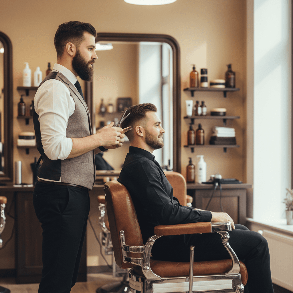 Professional barber providing precision haircut service in modern barbershop setting